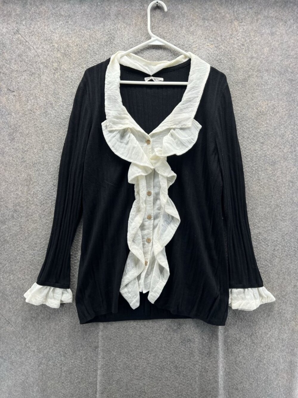 Anthropologie Blouse Women XL Black V Neck Long Sleeve Ruffle Button Knit Top
